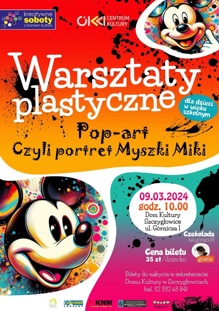 portret myszki miki w stylu pop art kreatywne soboty w domu kultury